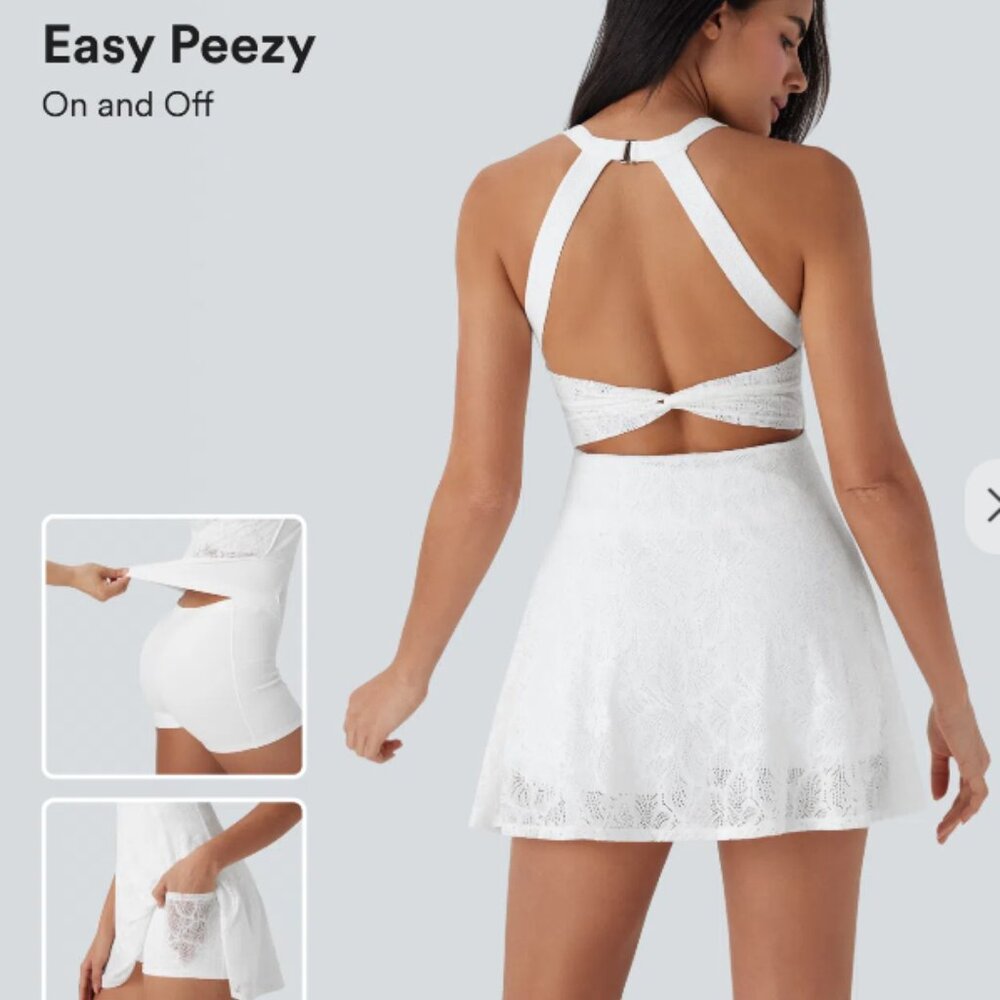 NWT Halara Lace Backless Twisted Active Dress – L in White